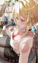 1girl alternate_costume bare_shoulders black_pantyhose black_skirt blonde_hair blush breasts casual cleavage clothing_cutout commentary_request genshin_impact hair_intakes highres kabu_usagi large_breasts lumine_(genshin_impact) open_mouth pantyhose short_hair short_hair_with_long_locks shoulder_cutout sitting skirt smile solo sweater translation_request white_sweater yellow_eyes