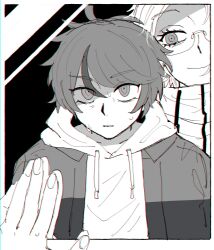 10kachi55 2boys absurdres aotsuki_eito chromatic_aberration glasses greyscale hand_on_mirror highres hood hoodie jacket looking_at_another looking_at_mirror male_focus mirror monochrome multicolored_hair multiple_boys nervous_sweating out_of_frame reflection reflection_focus short_hair sketch streaked_hair sumino_takumi sweat sweatdrop the_hundred_line_-last_defense_academy-