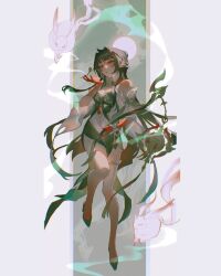 1girl bare_shoulders black_footwear blowing_smoke blunt_bangs breasts brown_hair chinese_clothes cleavage clothing_cutout colored_extremities commentary dress full_body gold_thighlet gradient_skin halter_dress halterneck high_heels highres honkai:_star_rail honkai_(series) knee_up large_breasts lingsha_(honkai:_star_rail) long_hair navel oastlv pointy_ears rabbit red_eyes red_feet red_hands solo stomach_cutout very_long_hair