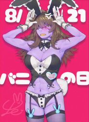 1girl 2021 abs alternate_costume anger_vein animal_ear_hairband animal_ears armpits arms_up bare_arms bare_shoulders black_bow black_bowtie black_hairband black_panties black_ribbon black_shirt blush bow bow_panties bowtie breasts brown_hair buttons character_name chromatic_aberration cleavage clenched_teeth colored_skin commentary_request cowboy_shot dated deltarune detached_collar drop_shadow fake_animal_ears fake_tail film_grain fishnet_thighhighs fishnets flipped_hair freckles frilled_panties frills furry furry_female garter_straps gloves hair_over_one_eye hair_over_shoulder hairband highres large_breasts leotard long_hair looking_at_viewer navel nose_blush one_eye_covered panties pink_background playboy_bunny purple_skin rabbit_ear_hairband rabbit_ears rabbit_pose rabbit_tail reptile_girl ribbon se_(hanahide) sharp_teeth shirt sideboob simple_background solo standing strapless strapless_shirt susie_(deltarune) tail teeth thighhighs toned toned_female traditional_bowtie underwear v-shaped_eyebrows white_gloves white_tail wristband yellow_eyes yellow_teeth