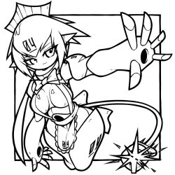 1girl :| android apron back_bow bombergirl bow bowtie breasts cable cable_tail closed_mouth emera_(bombergirl) joints lineart mechanical_tail medium_breasts monochrome name_omoitukan2 outstretched_arm robot_ears robot_joints short_hair solo tail thick_lineart waist_apron