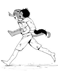 2boys aged_down animal_ears barefoot basilio_(metaphor:_refantazio) brothers carrying closed_eyes commentary_request dark-skinned_male dark_skin dirty dirty_clothes dirty_face fang fidelio_(metaphor:_refantazio) from_side full_body greyscale highres looking_at_another looking_back male_focus metaphor:_refantazio mgmgdes61 monochrome multiple_boys open_mouth outstretched_arm piggyback pointing profile shirt short_sleeves shorts siblings t-shirt tail tongue torn_clothes white_background