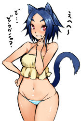 1girl animal_ears animal_hair aruko_(nac000) blue_hair blue_panties blush breasts camisole cat_ears cat_tail female_focus grin groin hand_on_own_hip looking_at_viewer lowleg lowleg_panties nac000 navel original panties red_eyes short_hair smile solo striped_clothes striped_panties tail underwear underwear_only