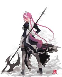1girl animal_ears apron arm_belt axe black_footwear braid breasts dafei full_body gloves highres holding holding_axe hololive hololive_english long_hair looking_at_viewer looking_back maid maid_apron maid_headdress medium_breasts multicolored_hair panther_ears panther_tail pouch raora_panthera round_eyewear skirt solo standing streaked_hair tail thigh_pouch thighhighs twin_braids virtual_youtuber weapon white_background white_gloves white_hair white_skirt yellow_eyes