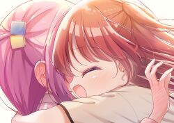 2girls absurdres ahoge blush bocchi_the_rock! closed_eyes ear_blush gotoh_hitori hair_ornament hand_blush haruiroha highres hug kita_ikuyo multiple_girls open_mouth pink_hair pink_shirt red_hair shirt short_sleeves smile white_background yuri