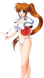 Rule 34 | 1girl, absurdres, ball, bikini, blue eyes, breasts, brown hair, cleavage, commentary, cropped jacket, feet out of frame, front-tie bikini top, front-tie top, higa yukari, highres, holding, holding ball, jacket, large breasts, long hair, looking at viewer, lyrical nanoha, mahou shoujo lyrical nanoha strikers, navel, open mouth, raising heart, raising heart (standby mode), short sleeves, side-tie bikini bottom, simple background, smile, solo, standing, swimsuit, takamachi nanoha, thighs, very long hair, white background, white bikini, white jacket