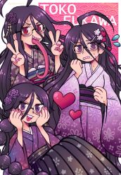 absurdres ahoge alternate_costume braid character_name commentary danganronpa:_trigger_happy_havoc danganronpa_(series) danganronpa_another_episode:_ultra_despair_girls double_v english_commentary floral_print flower fukawa_toko genocider_shou glasses hair_flower hair_ornament hands_on_own_face heart heart-shaped_pupils highres jackie_kawaii japanese_clothes kimono long_hair long_tongue mole mole_under_mouth multiple_girls multiple_views nail_polish nervous nervous_sweating open_mouth pink_nails purple_flower purple_kimono purple_sash red_eyes round_eyewear saliva sash sharp_teeth smile sweat symbol-shaped_pupils teeth tongue tongue_out twin_braids twintails v