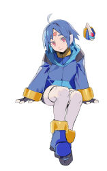 Rule 34 | ahoge, biometal, blue hair, blue jacket, facial mark, forehead mark, highres, hood, hooded jacket, invisible chair, jacket, light smile, long sleeves, looking at viewer, mayutsuba mono, mega man (series), mega man zx, model l (mega man), red eyes, short hair, simple background, sitting, smile, thetis (mega man), white background