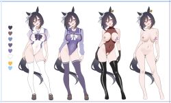 1girl absurdres adapted_costume animal_ears black_gloves black_hair black_thighhighs blue_eyes blush bob_cut bow bowtie breasts breasts_out brown_leotard brown_shoes collared_leotard color_guide commentary_request contrapposto covered_erect_nipples covered_navel ear_scrunchie ear_tag eishin_flash_(umamusume) full_body gloves hair_between_eyes highres horse_ears horse_girl horse_tail horseshoe_ornament large_breasts leotard loafers long_sleeves looking_at_viewer multicolored_leotard multiple_views navel nipples open_mouth piercing puffy_short_sleeves puffy_sleeves purple_bow purple_bowtie purple_leotard purple_thighhighs pussy pussy_piercing school_uniform shoes short_hair short_sleeves simple_background smile standing summer_uniform tail thighhighs tongue tongue_out tongue_piercing tracen_school_uniform two-tone_leotard ugohato umamusume uncensored white_background white_bow white_bowtie white_leotard white_thighhighs winter_uniform