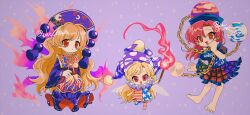 3girls :d alt_text american_flag american_flag_dress american_flag_legwear american_flag_print bare_shoulders barefoot black_dress black_shirt blonde_hair chain chibi closed_mouth clothes_writing clownpiece curtained_hair dalachi_(headdress) dress earth_(ornament) fire flag_print gold_chain green_skirt hat hecatia_lapislazuli holding holding_torch jester_cap junko_(touhou) long_dress long_hair long_sleeves looking_at_viewer moon_(ornament) multicolored_skirt multiple_girls neck_ruff no_shoes off-shoulder_shirt off_shoulder open_mouth plaid_clothes plaid_skirt purple_background purple_hat purple_skirt raya_(uk_0128) red_eyes red_hair red_skirt red_tabard shirt short_sleeves skirt smile star_(symbol) star_symbol_background t-shirt tabard torch touhou twitter_username very_long_hair wide_sleeves