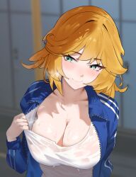 1girl absurdres alternate_costume blonde_hair blue_jacket blush breasts cleavage closed_mouth dokibird_(vtuber) fang green_eyes highres idolmia indie_virtual_youtuber jacket large_breasts looking_at_viewer open_clothes open_jacket shirt short_hair skin_fang smile solo virtual_youtuber white_shirt