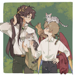 2boys animal animal_on_head animal_on_shoulder bird_boy bird_wings border brown_hair cat cat_on_head cat_on_shoulder collared_shirt commentary elf english_commentary goodtimeswithscar goodtimeswithscar_(elvish) grian_(youtuber) hermitcraft jellie_(hermitcraft) laurel_crown long_hair luminous_slime male_focus maui_(grian) minecraft_youtube multiple_boys official_alternate_hairstyle on_head pants pearl_(grian) pet pointy_ears real_life shirt short_hair very_long_hair white_border wings