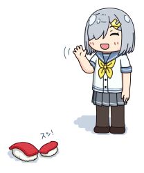 1girl black_pantyhose closed_eyes commentary_request food full_body grey_hair grey_sailor_collar grey_skirt hair_ornament hair_over_one_eye hairclip hama!_(3toshinhmkz) hamakaze_(kancolle) highres kantai_collection neckerchief no_nose pantyhose pleated_skirt sailor_collar school_uniform serafuku short_hair simple_background skirt standing sushi waving white_background yellow_neckerchief