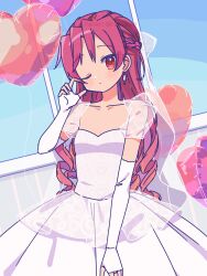 1girl absurdres alternate_hairstyle dress elbow_gloves gloves highres long_hair mahou_shoujo_madoka_magica one_eye_closed red_eyes red_hair ruru_(rurumagi) sakura_kyoko solo strapless strapless_dress white_dress white_gloves