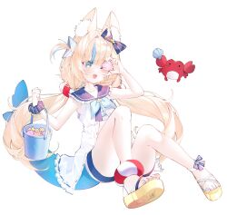 Rule 34 | 1girl, :d, aei jiei, ahoge, animal ear fluff, animal ears, arm up, bare arms, blonde hair, blue eyes, blue hair, blue nails, blue neckerchief, blue sailor collar, bow, bucket, cat ears, collar, commentary, covering one eye, crab, dress, fins, fish girl, fish tail, frilled dress, frills, gold sandals, hair bow, hand up, highres, holding, holding bucket, holding seashell, indie virtual youtuber, lifebuoy hair ornament, long hair, low twintails, multicolored hair, nail polish, neckerchief, one eye closed, one side up, open mouth, platform sandals, sailor collar, sameko saba, sand bucket, sandals, scrunchie, seashell, shell, simple background, sitting, sleeveless, sleeveless dress, smile, solo, streaked hair, tail, twintails, unbuttoned, very long hair, virtual youtuber, white background, white dress, wrist scrunchie