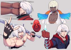 1girl 3boys \m/ artist_name beard_stubble black_jacket blonde_hair blue_eyes bob_cut breasts butter_sugoi choker cleavage commentary dante_(devil_may_cry) dark-skinned_female dark_skin devil_may_cry devil_may_cry_(series) devil_may_cry_4 devil_may_cry_5 facial_hair gloria_(devil_may_cry) highres holding holding_sword holding_weapon jacket jd_vance jewelry kicking large_breasts middle_finger motion_lines multiple_boys muscular muscular_male necklace nero_(devil_may_cry) orange_choker pectorals signature speed_lines stubble sword tongue tongue_out topless_male trish_(devil_may_cry) weapon white_hair
