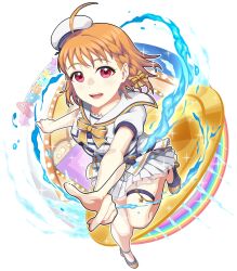 Rule 34 | 1girl, ahoge, birthday, braid, breasts, group name, hat, highres, looking at viewer, love live!, love live! sunshine!!, medium breasts, miniskirt, orange hair, pointing, red eyes, short hair, short sleeves, side braid, skirt, solo, takami chika, waste-man