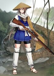 1girl ajirogasa arm_at_side bandaged_arm bandaged_hand bandages bead_necklace beads bike_shorts black_shorts blue_kimono breasts brown_cape brown_eyes brown_hair brown_hat cape cleavage closed_mouth fate/grand_order fate_(series) full_body game_cg gun hair_between_eyes hand_up hat holding holding_gun holding_weapon japanese_clothes jewelry kimono leg_warmers legs_apart long_hair long_hair_between_eyes looking_at_viewer low_ponytail medium_breasts multiple_scars musket necklace official_art ponytail rifle sandals sash scar scar_on_face scar_on_leg scar_on_nose scarf shorts side_cape sidelocks sleeveless sleeveless_kimono smile solo standing sugitani_zenjubou_(fate) sugitani_zenjubou_(second_ascension)_(fate) takenaka_hideo third-party_source toes tomboy trigger_discipline variant_set very_long_hair waist_sash weapon white_leg_warmers white_sash white_scarf white_sleeves