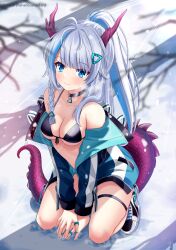 1girl between_legs bikini bikini_top_only black_bikini black_shoes blue_eyes breasts cleavage collar dragon_girl dragon_horns dragon_tail front-tie_bikini_top front-tie_top grey_collar hair_ornament hand_between_legs helvetica_std highres horns jacket jewelry kneeling light_smile long_hair looking_at_viewer medium_breasts multicolored_shoes open_clothes open_jacket original outdoors ponytail purple_horns purple_tail ring shoes sneakers snow solo swimsuit tail thigh_strap two-tone_shoes white_hair white_shoes
