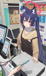 1girl 1other absurdres animal_ears apron barcode_scanner black_hair blue_archive blue_nails blue_ribbon blush cash_register cellphone chinese_commentary collared_shirt commentary_request fang hair_ribbon halo hgoo highres holding holding_barcode_scanner holding_phone indoors long_hair open_mouth phone pink_eyes red_halo ribbon serika_(blue_archive) shirt smartphone sweater twintails white_shirt