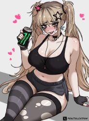 Rule 34 | 1girl, @ @, absurdres, arm support, artist name, asymmetrical legwear, bare shoulders, bite mark, bite mark on shoulder, bite mark on thigh, black choker, black gloves, black shorts, black tank top, black thighhighs, blonde hair, blush, borrowed character, breasts, can, choker, cleavage, collarbone, cowboy shot, crop top, drink can, earrings, fingerless gloves, fractalcatpaw, gauze, gauze on cheek, gauze on face, gloves, hair between eyes, hair ornament, hair tie, hand up, heart, highres, holding, holding can, jewelry, large breasts, long hair, looking at viewer, makeup, mascara, midriff, miki (dokidomiki), mismatched legwear, mole, mole under mouth, monster energy, nail polish, navel, open mouth, original, pink eyes, pink nails, raised inner eyebrows, runny makeup, short shorts, shorts, simple background, sitting, smile, solo, star (symbol), star hair ornament, striped clothes, striped thighhighs, syringe necklace, tank top, thighhighs, torn clothes, torn thighhighs, twintails, twitter username, twitter x logo, uneven bangs, white background
