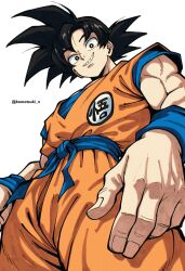 Rule 34 | 1boy, absurdres, black hair, blue sash, bracelet, commentary, cowboy shot, dragon ball, from below, highres, jewelry, jumpsuit, komatsuki n, looking at viewer, orange jumpsuit, sash, short hair, short sleeves, simple background, smile, son goku, twitter username, white background