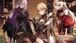 3girls absurdres blonde_hair bodysuit braid breasts cake cleavage cloak closed_eyes coat dark_skin eating food french_braid girls&#039;_frontline girls&#039;_frontline_2:_exilium grey_hair groza_(girls&#039;_frontline_2) hair_between_eyes highres holding holding_food krolik_(girls&#039;_frontline_2) long_hair medium_breasts meng_ziya multiple_girls nemesis_(girls&#039;_frontline_2) open_clothes open_coat open_mouth orange_eyes ots-14_(girls&#039;_frontline) parted_lips pointing pointing_up red_eyes teeth upper_teeth_only white_hair