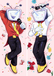 1boy absurdres ant_tenna arm_behind_head arm_up black_pants blush_stickers colliholly commentary confetti crt dakimakura_(medium) deltarune english_commentary flower full_body gloves highres holding holding_microphone lying male_focus merchandise_available microphone multiple_views necktie object_head on_back on_bed pants pointy_nose red_flower red_rose rose shirt shirt_tucked_in shoes single_blush_sticker smile sweat tailcoat teeth undone_necktie white_gloves white_shirt yellow_necktie yellow_shoes