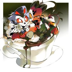 2boys absurdres blitzo_(helluva_boss) cup demon_boy demon_horns demon_tail extra_eyes formal_clothes helluva_boss highres horns multiple_boys owl_boy red_eyes stolas_(helluva_boss) suit tail teacup white_eyes zhu_xing_pupupu