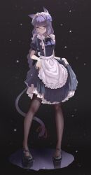 1girl absurdres alternate_costume animal_ear_fluff animal_ears black_background black_bow black_bowtie black_pantyhose blunt_bangs blurry blurry_background bow bowtie braid cat_ears cat_girl cat_tail chinese_commentary closed_mouth collared_dress dress expressionless eyeliner flower flower_ornament frilled_dress frills full_body genshin_impact glasses hair_flower hair_ornament head_tilt headdress highres light_particles long_braid long_hair looking_at_viewer looking_to_the_side maid makeup mole mole_under_eye pantyhose puffy_short_sleeves puffy_sleeves purple_eyes purple_flower purple_hair raiden_shogun red_eyeliner red_ribbon ribbon shade short_sleeves single_braid solo standing tail tail_ornament tail_ribbon vvna9