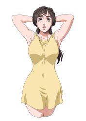 1girl antoniomalara armpits arms_behind_head arms_up black_hair blush blush_stickers breasts brown_hair closed_mouth highres initial_d long_hair looking_at_viewer medium_breasts satou_mako shin_gekijouban_initial_d shirt skirt sleeveless sleeveless_shirt smile standing
