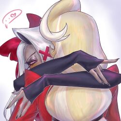 Rule 34 | 2girls, black sleeves, blonde hair, blush, bow, charlie morningstar, dark-skinned female, dark skin, grey hair, hair bow, hazbin hotel, heart, highres, hug, jacket, long sleeves, multicolored hair, multiple girls, red bow, red jacket, spoken heart, ten nen mizuji yona, two-tone hair, vaggie, white hair, yuri