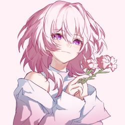 1girl alternate_costume aqua_eyes bare_shoulders blue_eyes blush chinese_commentary closed_mouth collarbone commentary_request evzeva flower gradient_background gradient_clothes gradient_jacket hair_between_eyes highres holding holding_flower honkai:_star_rail honkai_(series) jacket long_hair long_sleeves looking_at_viewer march_7th_(honkai:_star_rail) medium_hair multicolored_eyes pink_background pink_eyes pink_flower pink_hair pink_jacket purple_eyes shirt simple_background smile solo two-tone_eyes upper_body white_shirt
