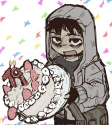 1boy bag bags_under_eyes birthday_cake black_eyes black_hair cake candle chibi confetti cry_of_fear falling fingerless_gloves food fruit gloves grey_hoodie grey_shirt highres holding holding_plate hood hood_up hoodie lisleepyam looking_at_viewer male_focus mole open_mouth plate shirt shoulder_bag simon_henriksson sliding solo strawberry white_background