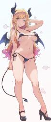 barichieiro bikini blonde_hair cameltoe demon_girl demon_horns demon_tail demon_wings full_body high_heels hololive horns long_hair looking_at_viewer micro_bikini smile swimsuit tail wings yuzuki_choco