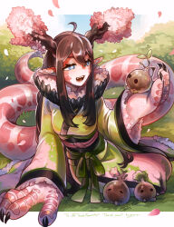 1girl animal_ears animal_hands antlers blue_eyes brown_hair cherry_blossoms claws commentary_request commission creature dragon_ears dragon_girl dragon_tail falling_petals fangs full_body green_kimono highres hogara holding holding_creature horns japanese_clothes kimono long_hair monster_girl original outdoors petals pink_petals pink_scales sitting skeb_commission solo tail very_long_hair very_long_tail yokozuwari