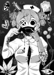 1girl 4shi bandaid bandaid_on_arm blade blank_eyes bottle cross cross_earrings cuts dango-chan_(4shi) double_bun earrings fading gloves grey_background grey_hair hair_bun hair_ornament hat heart highres injury jewelry label leaking liquid looking_at_viewer marijuana monochrome needle nurse nurse_cap one-eyed open_mouth original peeking peeking_out pill powder puffy_short_sleeves puffy_sleeves razor_blade realistic self-harm sharp_teeth short_hair short_sleeves single_glove skull skull_hair_ornament smile sun_symbol teeth