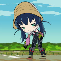 1girl :&lt; ayanami_rei ayanami_rei_(cosplay) black_bodysuit blue_hair blush_stickers bodysuit breasts chibi evangelion:_3.0+1.0_thrice_upon_a_time farming green_eyes hat highres igawa_asagi igawa_asagi_(clone) long_hair nature outdoors parody pun rebuild_of_evangelion solo standing straw_hat sweat taimanin_(series) taimanin_asagi taimanun trait_connection wide_hips