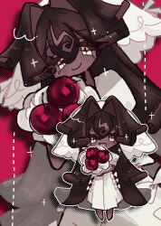 1girl absurdres black_forest_cookie bouquet bridal_veil brown_hair cherry cookie_run cookie_run:_kingdom cross-shaped_pupils dark-skinned_female dark_skin dress dual_persona flower food fruit hair_between_eyes hair_intakes highres long_hair looking_at_viewer puffy_short_sleeves puffy_sleeves short_sleeves solo soltbook symbol-shaped_pupils veil wedding_dress white_dress white_eyes white_veil