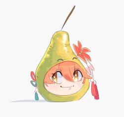 1girl closed_mouth commentary cosplay english_commentary flower food fruit guinaifen_(honkai:_star_rail) hair_between_eyes hair_flower hair_ornament head_only honkai:_star_rail honkai_(series) kasane_teto kasane_teto_(cosplay) looking_to_the_side orange_hair pear pearto smile solo unfamousradish utau white_background yellow_eyes