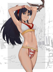 1girl ainu_clothes apupudesu armpits arms_behind_head bikini black_hair blue_eyes breasts cleavage hair_ribbon half-closed_eyes highres large_breasts legs long_hair looking_at_viewer mamahaha nakoruru navel ribbon samurai_spirits seductive_gaze seductive_smile sideboob smile snk swimsuit the_king_of_fighters thighs white_bikini