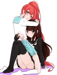 2girls aqua_eyes aqua_sailor_collar aqua_skirt arm_support black_sailor_collar black_serafuku black_shirt black_thighhighs brown_eyes brown_hair character_request copyright_request full_body hands_on_another&#039;s_head hug kneeling knees_up long_hair looking_at_viewer multiple_girls red_hair sailor_collar school_uniform serafuku shirt simamura_hibari sitting skirt socks thighhighs white_shirt white_socks