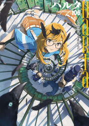 1girl 5boys absurdres bangle bird black_feathers black_hair blonde_hair blue_shirt blurry blurry_foreground bracelet brown_eyes camera camera_around_neck choker cover crow feathers from_above glasses harta hat highres jewelry light_smile looking_up magazine_cover medium_hair multicolored_hair multiple_boys orange_hat orange_pants pants parted_lips police police_uniform policeman round_eyewear shirt shoes somehira_katsu spiral_staircase stairs sunlight suspenders thick_eyebrows two-tone_hair unworn_hat unworn_headwear white_shoes