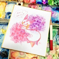Rule 34 | alternate color, art tools in frame, bright pupils, colored pencil, colored pencil (medium), dated, flower, gen 4 pokemon, highres, hydrangea, nintendo, no humans, non (kumakawayusu), open mouth, pachirisu, painting (medium), pencil, photo (medium), pink eyes, pokemon, pokemon (creature), shiny pokemon, solo, speech bubble, traditional media, translation request, watercolor (medium), white pupils