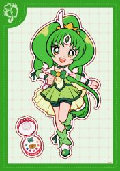 Rule 34 | 1girl, anklet, ascot, boots, border, bow, bowtie, brooch, choker, circlet, clenched hands, compact (cosmetics), cosmetics, cure march, deformed, dot nose, dotted line, eyelashes, feather sleeves, full body, gold tiara, green ascot, green background, green border, green bow, green bowtie, green choker, green eyes, green hair, green ribbon, green shirt, green shorts, green skirt, green theme, green wrist cuffs, grid background, hair ornament, happy, high ponytail, highres, jewelry, leg up, long hair, looking at viewer, magical girl, midorikawa nao, miniskirt, open mouth, outline, pleated skirt, ponytail, precure, ribbon, ribbon legwear, shirt, short sleeves, shorts, shorts under skirt, sidelocks, signature, skirt, skirt set, smile, smile precure!, solo, tareme, teeth, tiara, train (clothing), upper teeth only, uwded 207, very long hair, white arm warmers, white boots, white outline, white sleeves, wing hair ornament, wrist cuffs