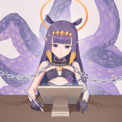 Rule 34 | 1girl, absurdres, artist name, black dress, blue eyes, chain, closed mouth, collar, detached sleeves, diamond hairband, drawing tablet, dress, frown, fur-trimmed collar, fur trim, gloves, gradient hair, hairband, halo, highres, holding, holding stylus, hololive, hololive english, linhcoris, multicolored hair, ninomae ina&#039;nis, ninomae ina&#039;nis (1st costume), orange hair, orange hairband, orange halo, pointy ears, purple gloves, purple hair, single detached sleeve, solo, strapless, strapless dress, stylus, tentacle hair, tentacles, tube dress, virtual youtuber, white sleeves