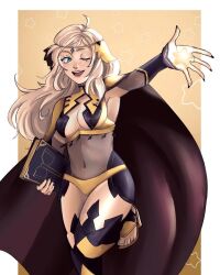 Rule 34 | 1girl, arm up, armpits, blonde hair, book, breasts, brown cape, cape, circlet, cleavage, collarbone, covered navel, fingernails, gauntlets, gradient background, green eyes, groin, high heel sandals, highres, holding, holding book, leg up, leotard, lips, long hair, medium breasts, navel, one eye closed, open hand, open mouth, ophelia (fire emblem), panties, sandals, see-through clothes, see-through leotard, smile, solo, star (symbol), stirrup legwear, teeth, thighhighs, toeless legwear, tongue, two-tone cape, underwear, wink, xrisiana, yellow cape, yellow panties