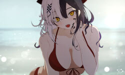 1girl alternate_costume bikini black_hair black_nails breasts evening hashtag-only_commentary holly_(ruptonotty) hololive hololive_english large_breasts long_hair looking_at_viewer multicolored_hair open_mouth outdoors red_bikini shiori_novella solo split-color_hair swimsuit teeth two-tone_hair upper_teeth_only virtual_youtuber wet white_hair yellow_eyes