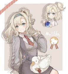 1girl aged_down animal animal_on_lap ball bird blue_eyes blue_hairband border character_name chibi chibi_inset closed_mouth collared_dress collared_shirt cowboy_shot cropped_torso crystal_ball dress duck grey_hair grey_shorts grey_sweater hairband hand_up highres holding holding_ball light_brown_background light_smile looking_at_viewer matilda_bouanich medium_hair multiple_views necktie on_lap one_side_up outside_border overall_shorts overalls red_necktie reverse:1999 shadow shirt shorts sweater upper_body white_border white_dress white_shirt youzha_ligui