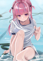 1girl absurdres alternate_costume black_bow blue_hair blunt_bangs bow braid closed_mouth collarbone convenient_censoring crying crying_with_eyes_open feet_out_of_frame hair_bow highres holding holding_hose hololive hose long_hair looking_at_viewer minato_aqua multicolored_hair otsu_hai18 purple_eyes shirt short_sleeves sitting solo streaked_hair tears two-tone_hair virtual_youtuber wet white_shirt